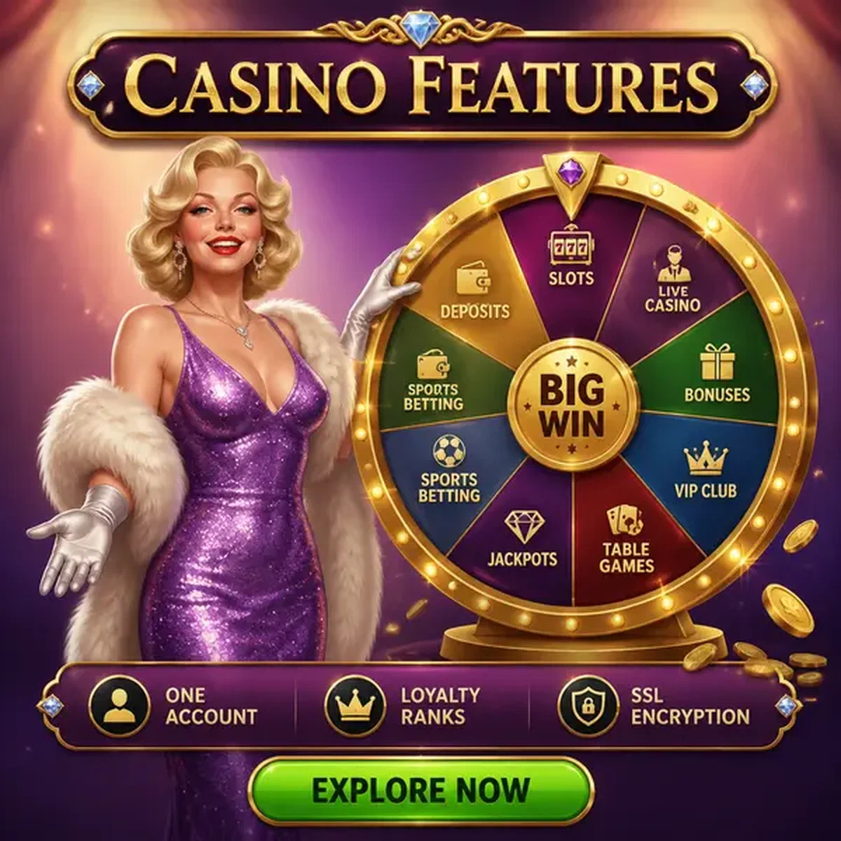 Artista radiosa gira la ruota dei premi mostrando le Funzionalità del Casinò Billionairespin in stile glamour