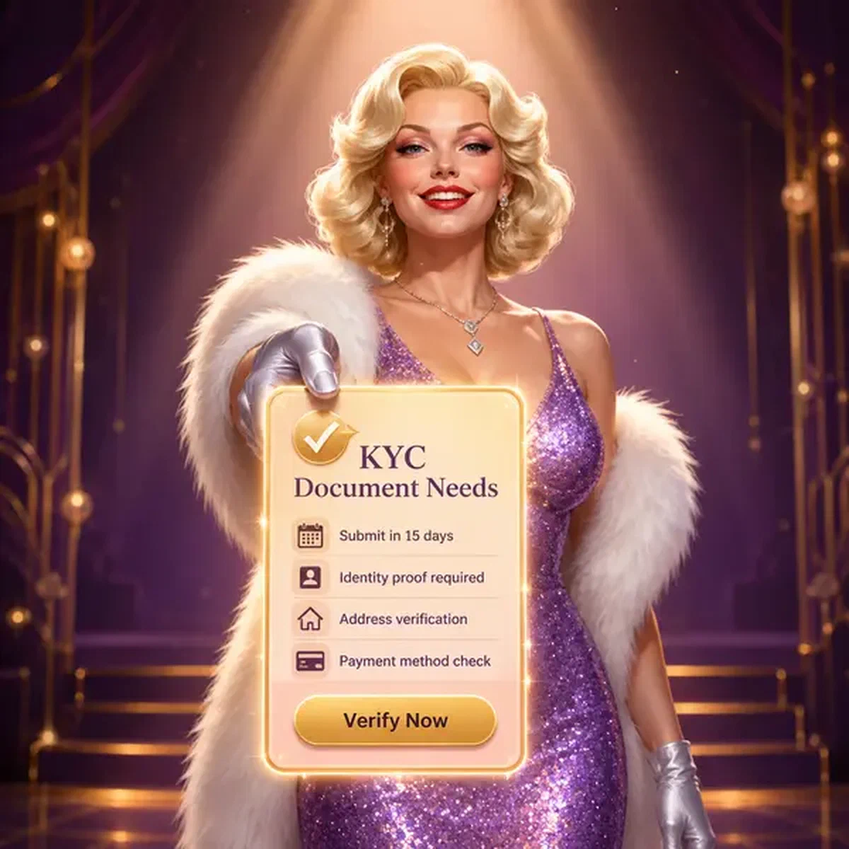 Stella glamour che presenta documenti KYC per verifica identità al Casinò Billionairespin