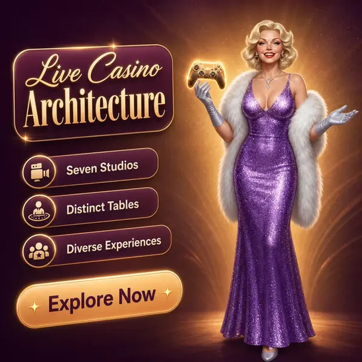 Stella di Hollywood che presenta il controller di gioco live nello studio del live casino di Billionairespin