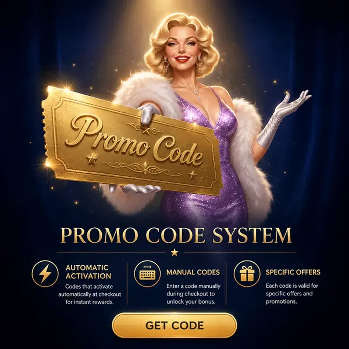 Elegante voucher che mostra le offerte di codici promo al portale glamour di Billionairespin