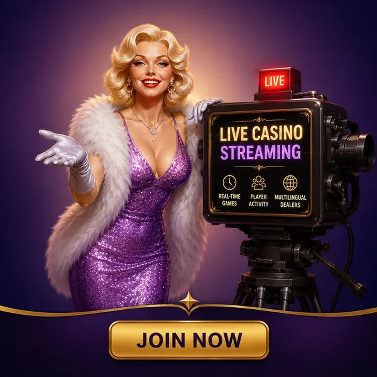 Host glamour del live casino che interagisce con la telecamera di trasmissione nello studio di streaming di Billionairespin