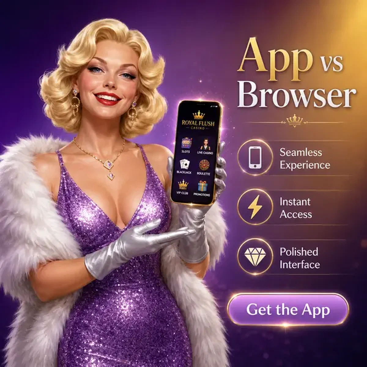 Star di Hollywood retrò che mostra l'app mobile Billionairespin con icone di interfaccia luminose