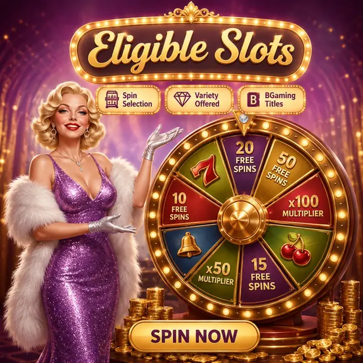 Star di Hollywood presenta ruota dei premi oversize che mostra free spin a Slot Idonee e Valori Giri