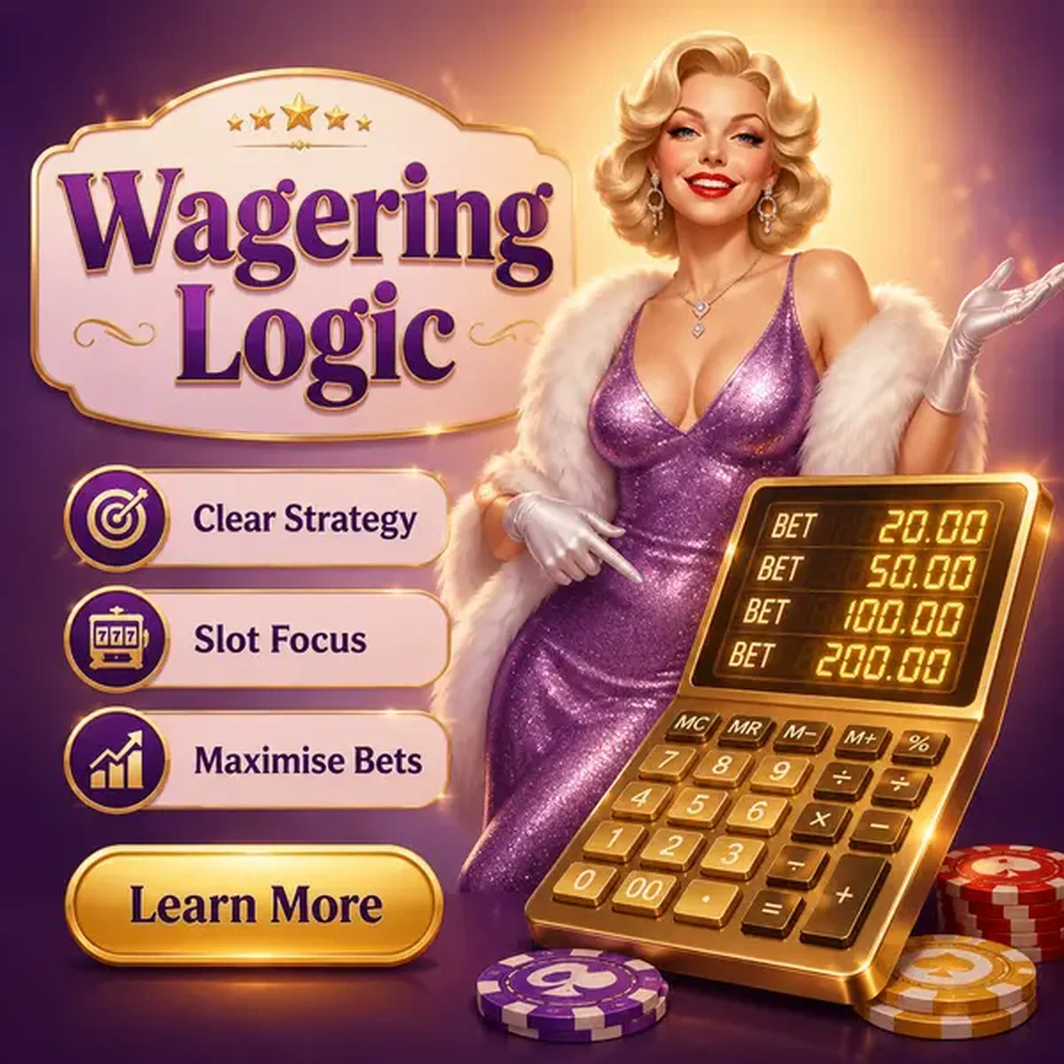 Performer glamour spiega la logica del requisito di puntata con calcolatrice luminosa alla guida bonus del Casinò Wagering Calculation and Game Contribution Logic